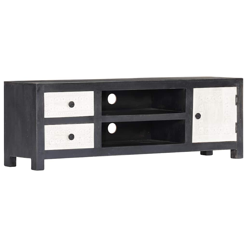 282723 vidaXL Hand Carved TV Cabinet Grey&White 120x30x40 cm Solid Wood Mango