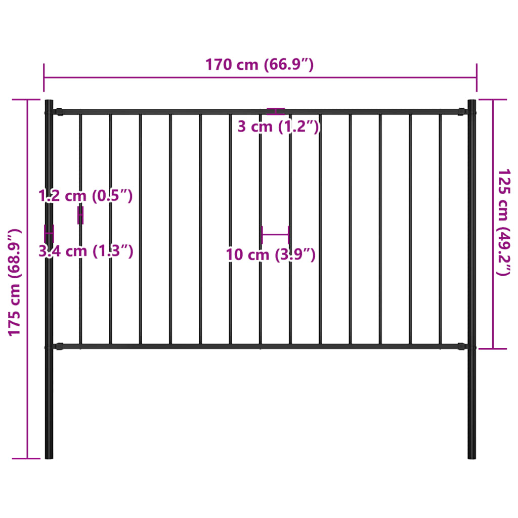 vidaXL Fence Panel with Posts Powder-coated Steel 1.7x1.25 m Black