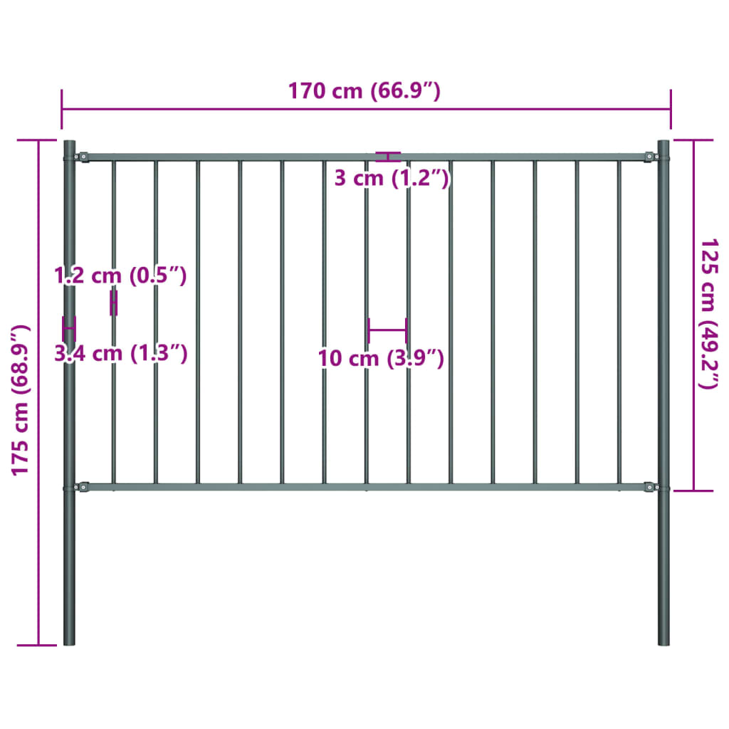 vidaXL Fence Panel with Posts Powder-coated Steel 1.7x1.25 m Anthracite