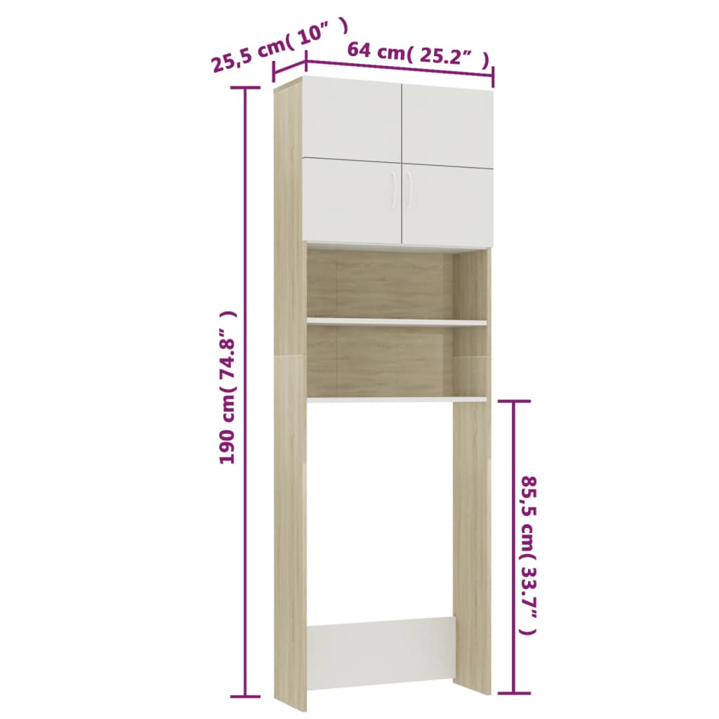 vidaXL Washing Machine Cabinet White and Sonoma Oak 64x25.5x190 cm