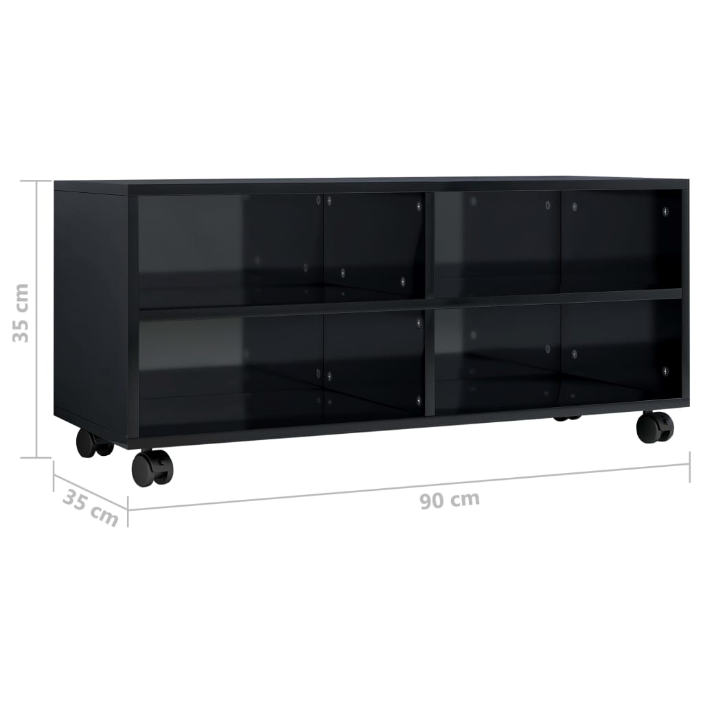 vidaXL TV Cabinet with Castors High Gloss Black 90x35x35 cm Engineered Wood