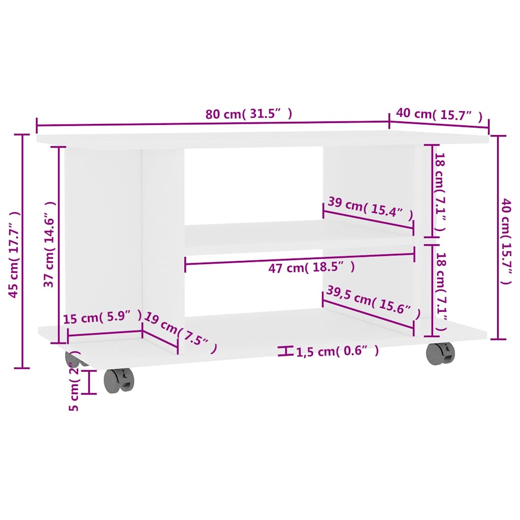 800189 vidaXL TV Cabinet with Castors White 80x40x45 cm Engineered Wood