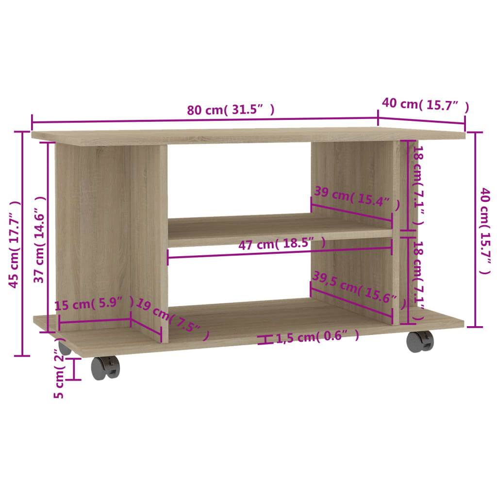 vidaXL TV Cabinet with Castors Sonoma Oak 80x40x45 cm Engineered Wood