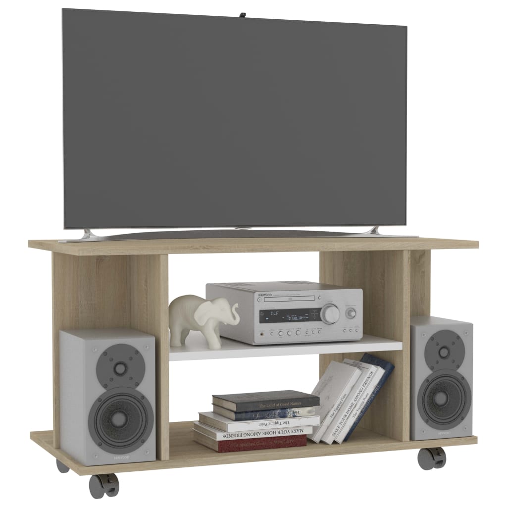 vidaXL TV Cabinet with Castors White and Sonoma Oak 80x40x45 cm Engineered Wood