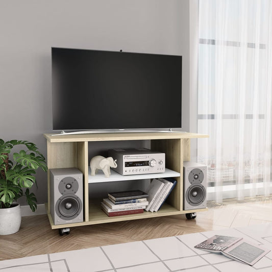 vidaXL TV Cabinet with Castors White and Sonoma Oak 80x40x45 cm Engineered Wood