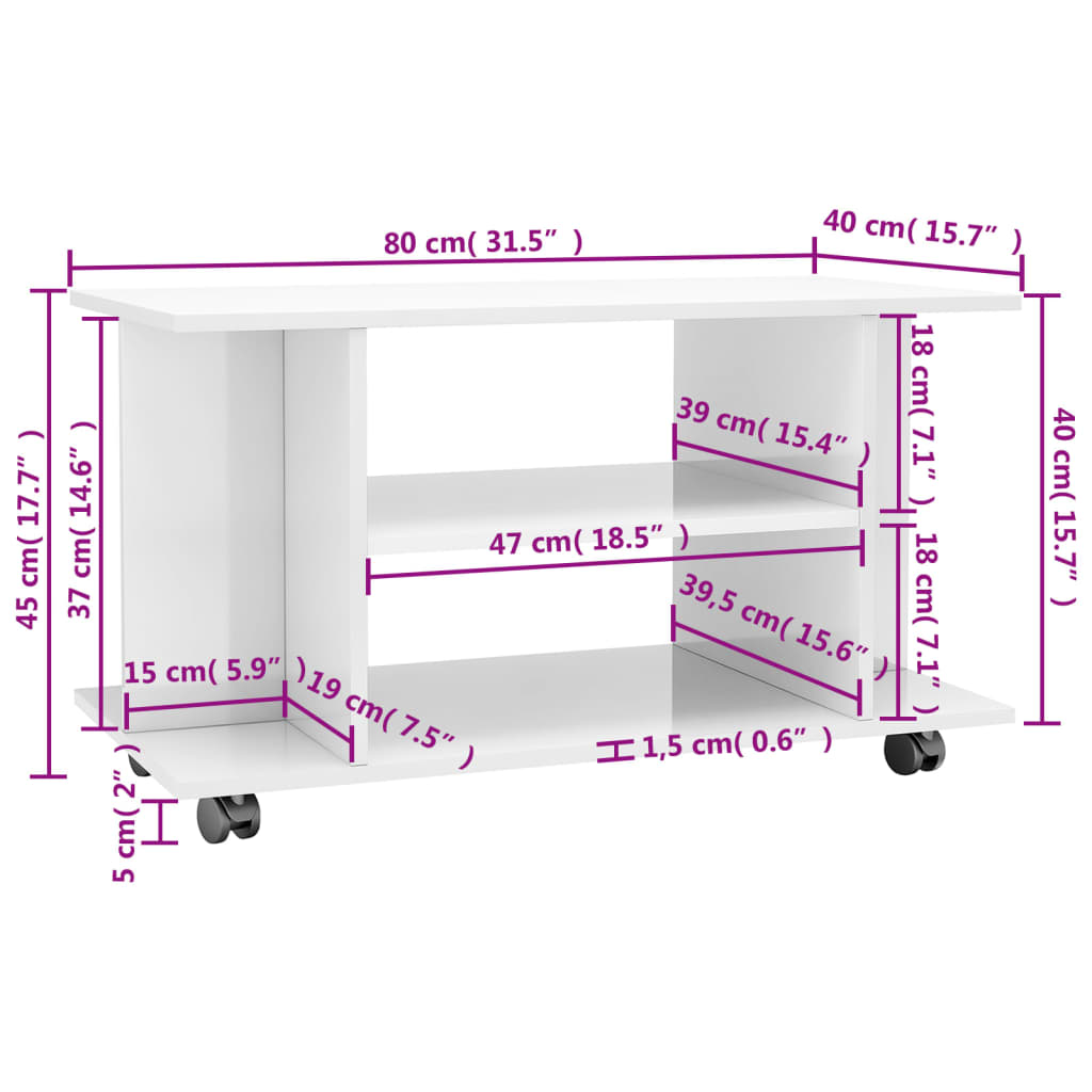 vidaXL TV Cabinet with Castors High Gloss White 80x40x45 cm Engineered Wood