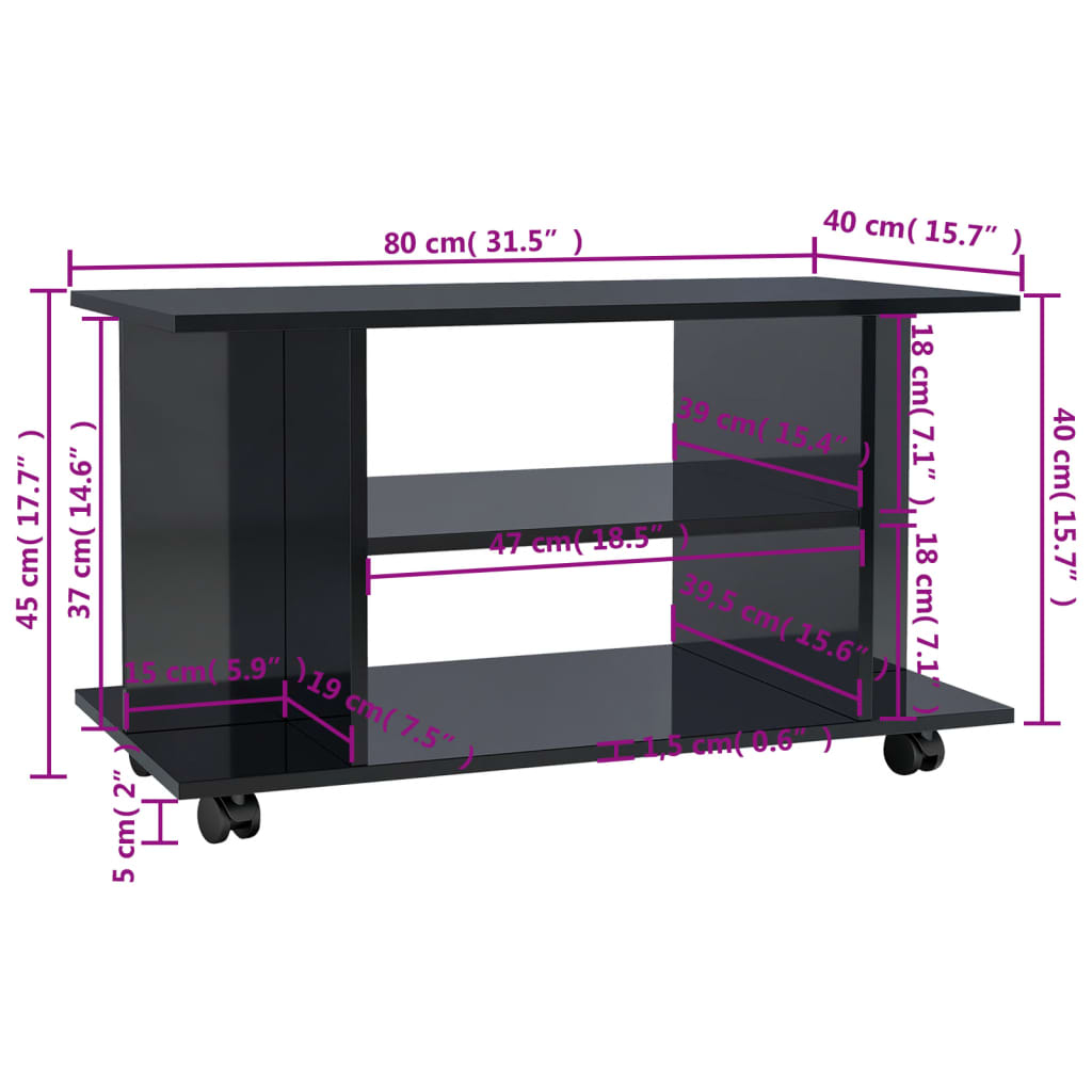 vidaXL TV Cabinet with Castors High Gloss Black 80x40x40 cm Engineered Wood