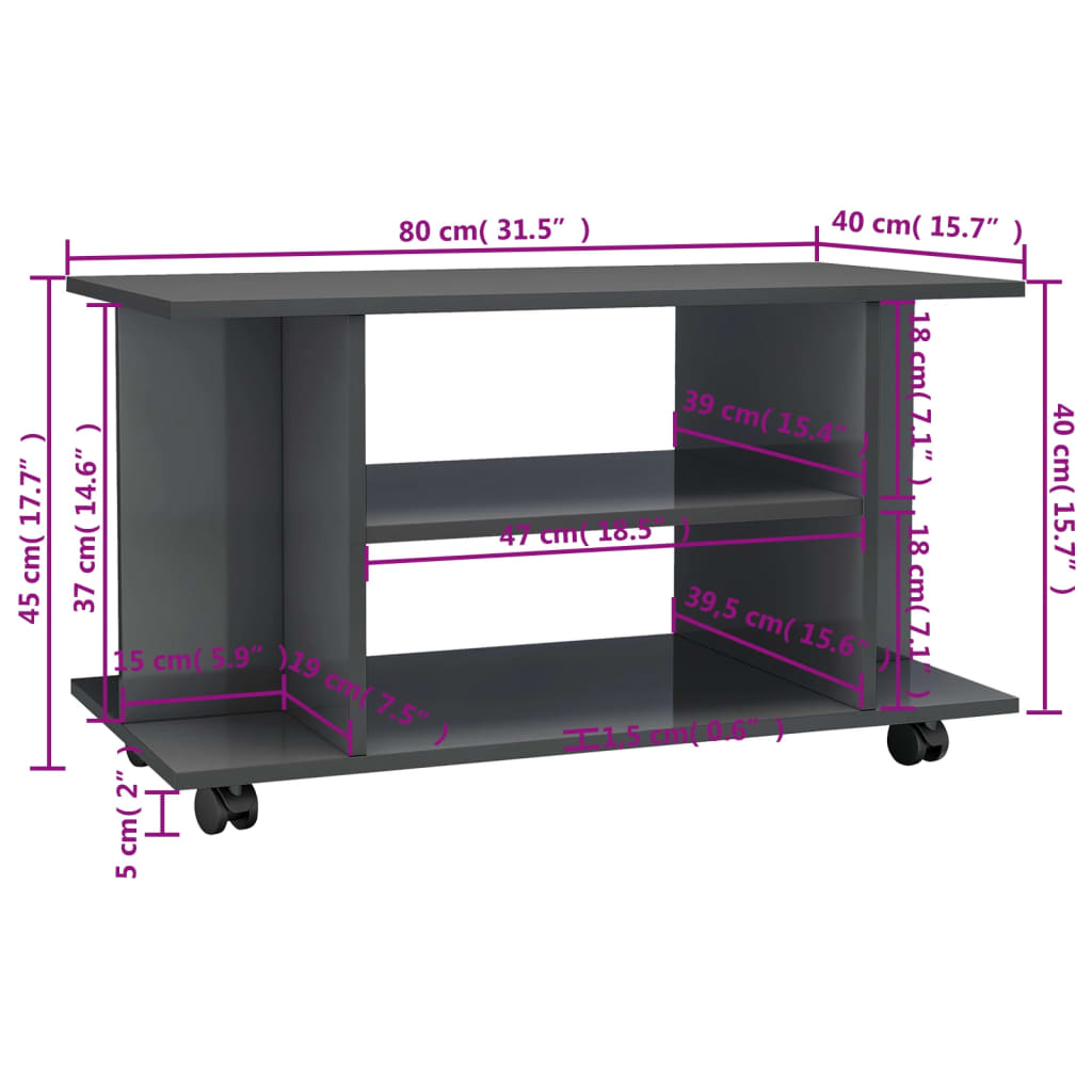 vidaXL TV Cabinet with Castors High Gloss Grey 80x40x45 cm Engineered Wood