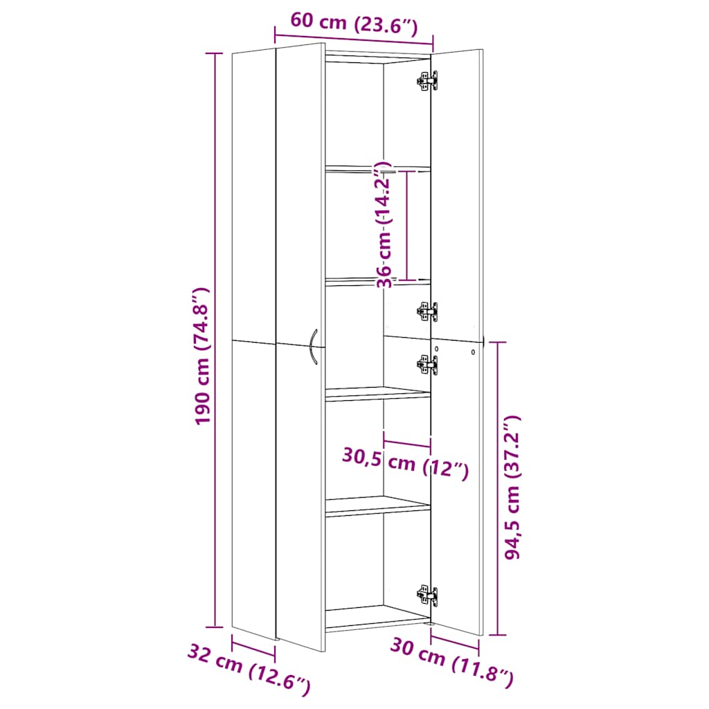 800297 vidaXL Office Cabinet White 60x32x190 cm Engineered Wood