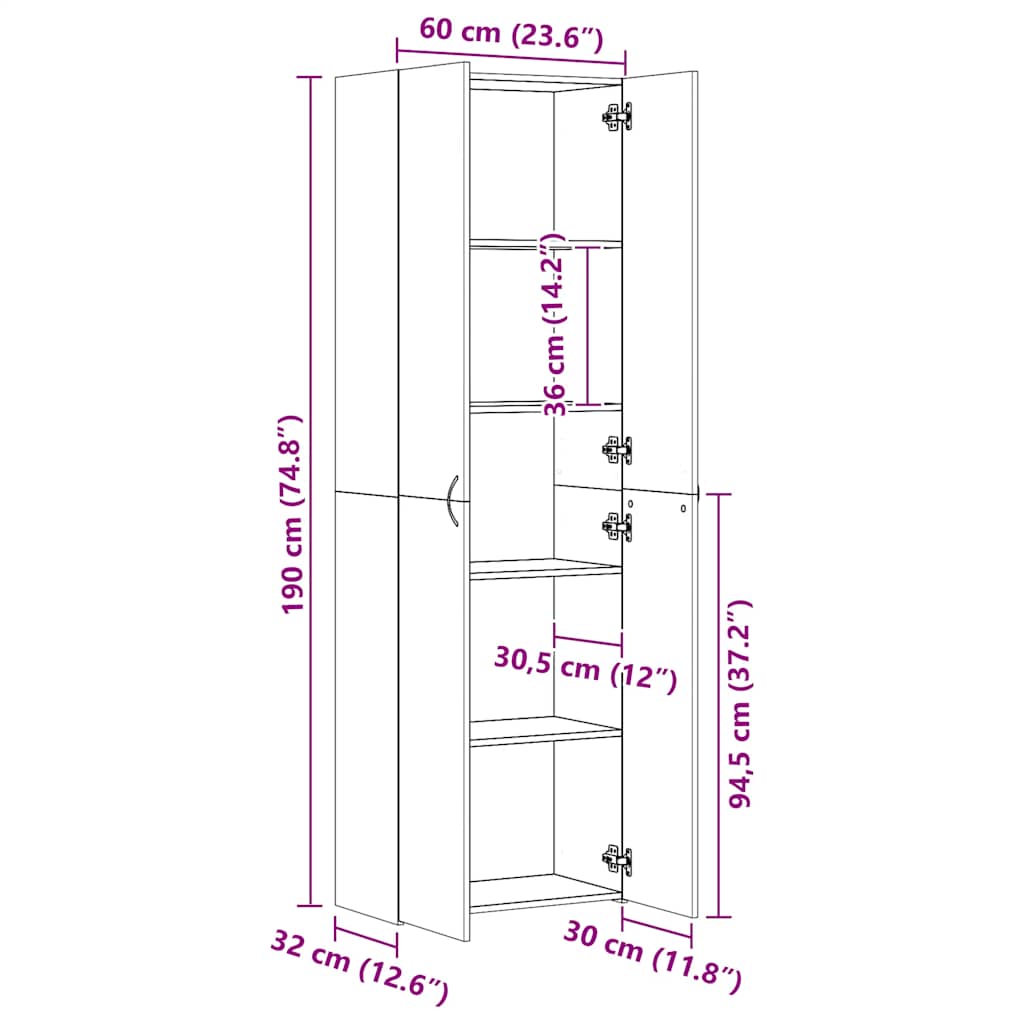 800300 vidaXL Office Cabinet Sonoma Oak 60x32x190 cm Engineered Wood
