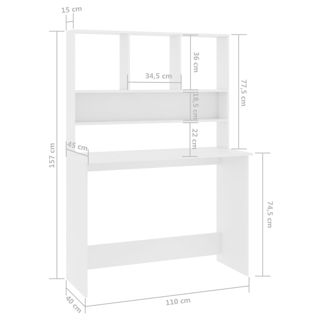 vidaXL Desk with Shelf White 110x45x157 cm Engineered Wood