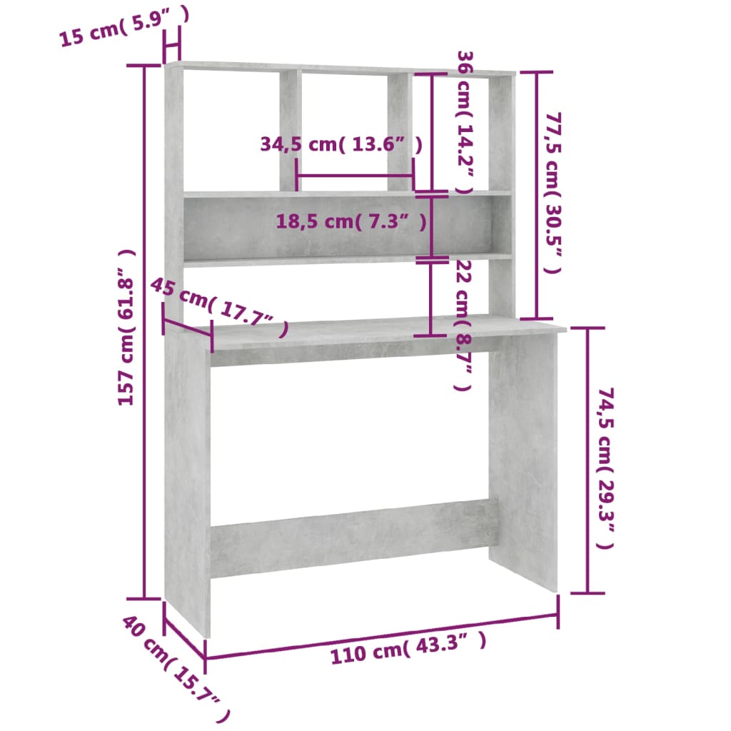 800391 vidaXL Desk with Shelves Concrete Grey 110x45x157 cm Engineered Wood