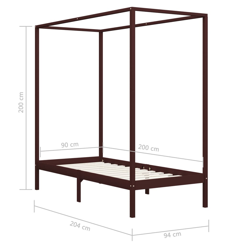 Bed Frame | Dark Brown | Solid Pine Wood and Plywood Slats | 90 x 200 cm