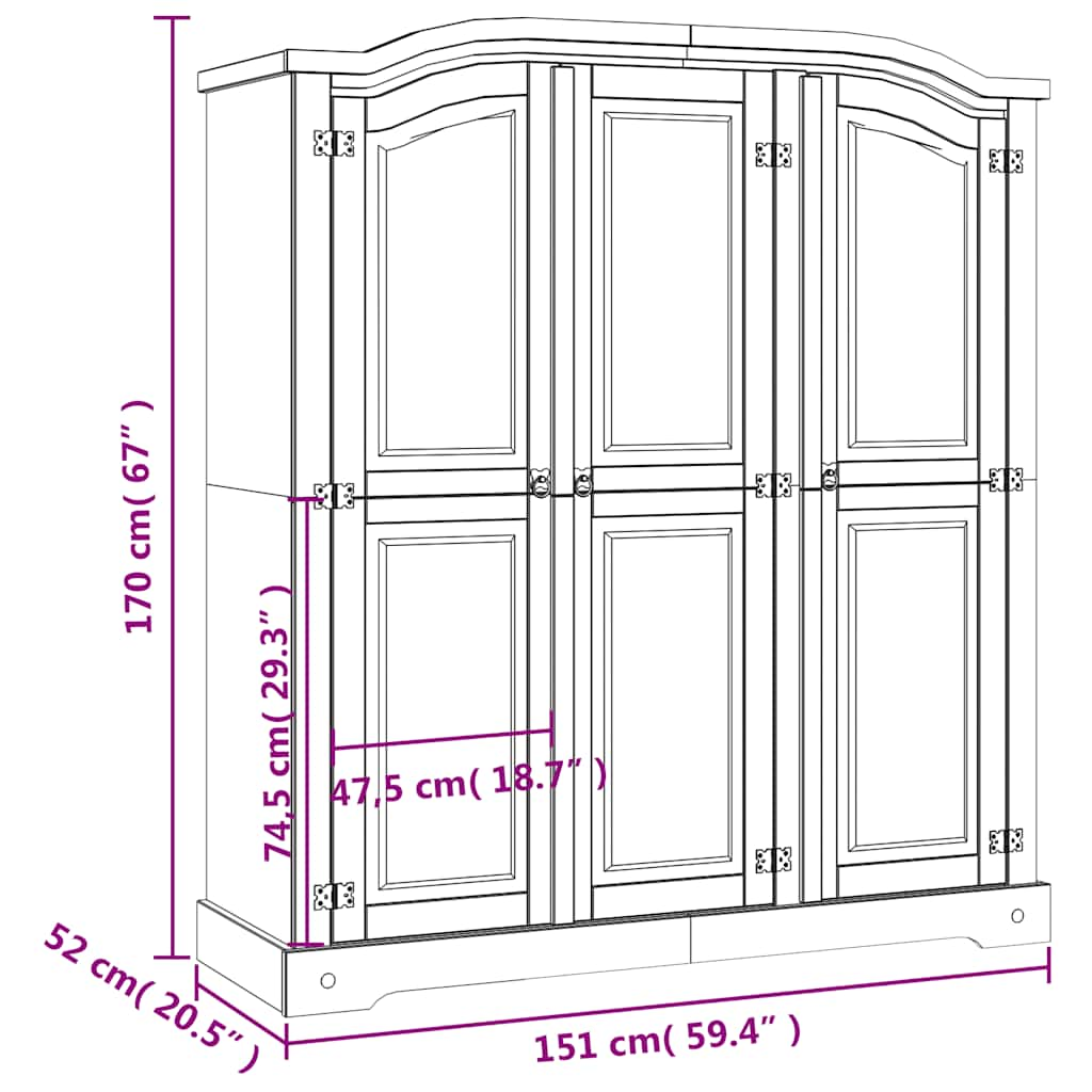 vidaXL Wardrobe Mexican Pine Corona Range 3 Doors White