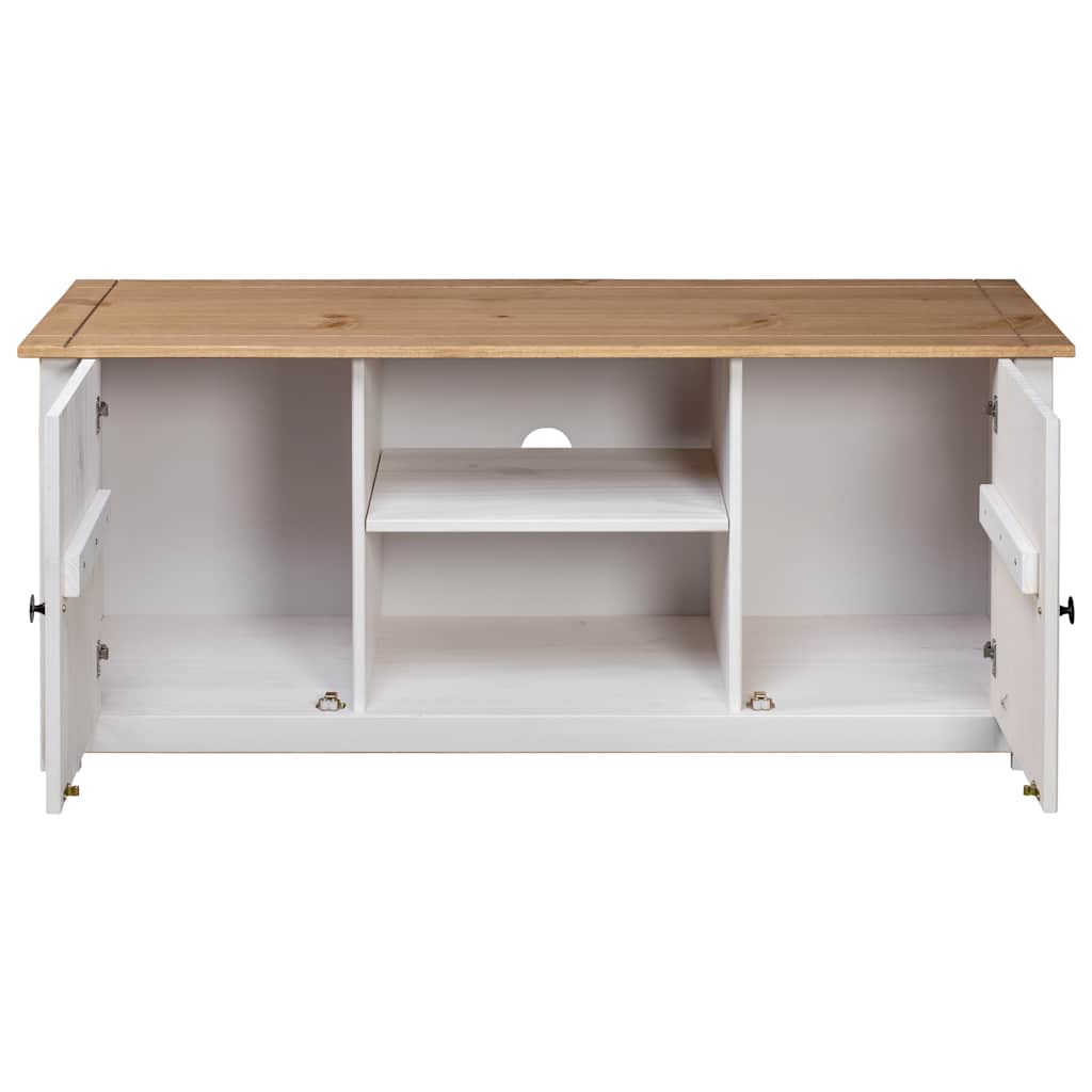 282672 vidaXL TV Cabinet White 120x40x50 cm Solid Pine Wood Panama Range