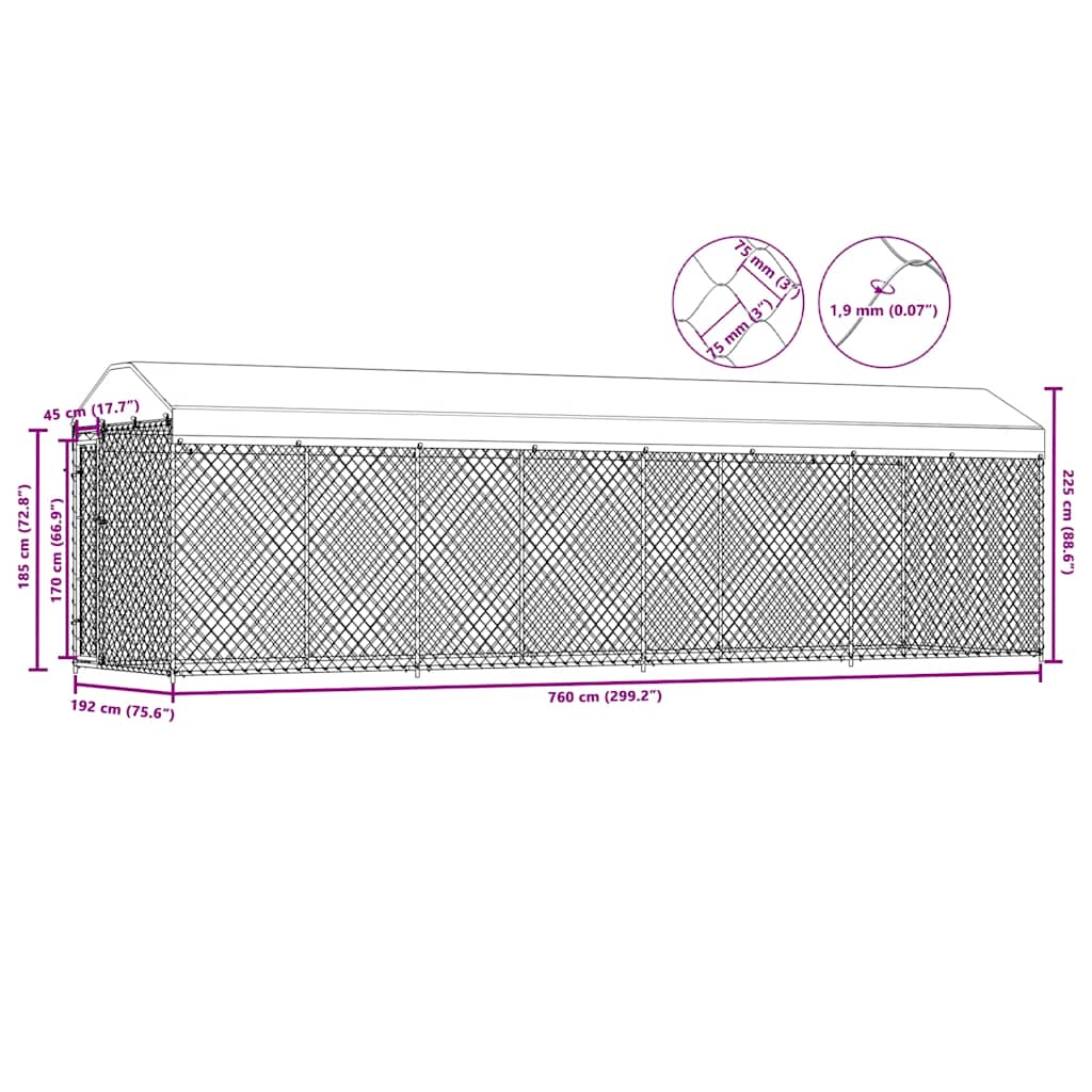 145031 vidaXL Outdoor Dog Kennel with Roof 760x190x225 cm