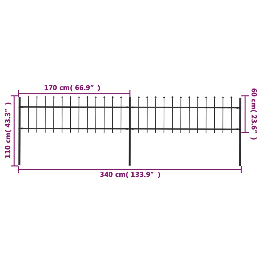 vidaXL Garden Fence with Spear Top Steel 3.4x0.6 m Black