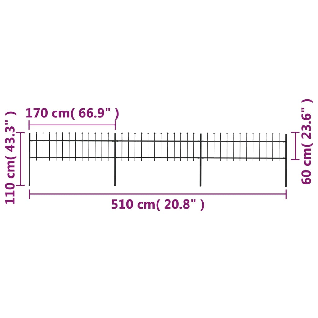 vidaXL Garden Fence with Spear Top Steel 5.1x0.6 m Black