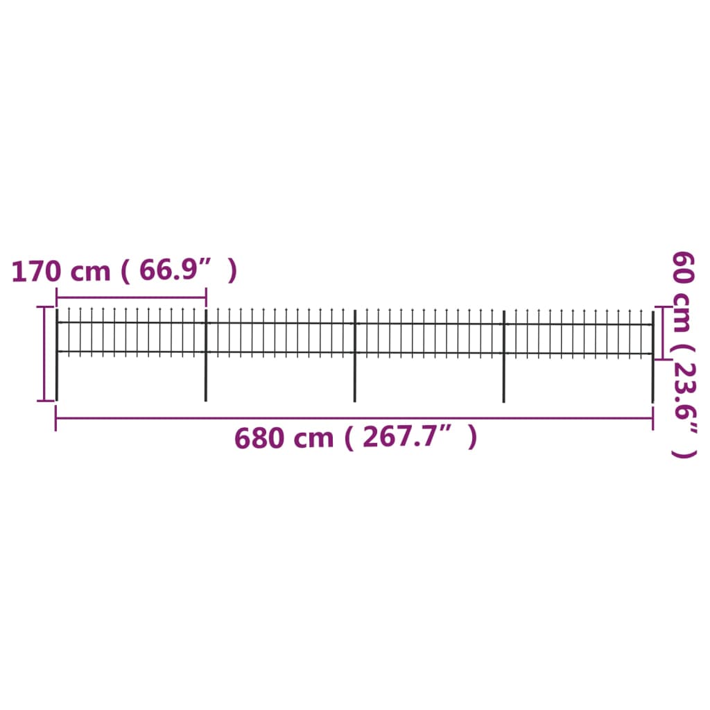 vidaXL Garden Fence with Spear Top Steel 6.8x0.6 m Black