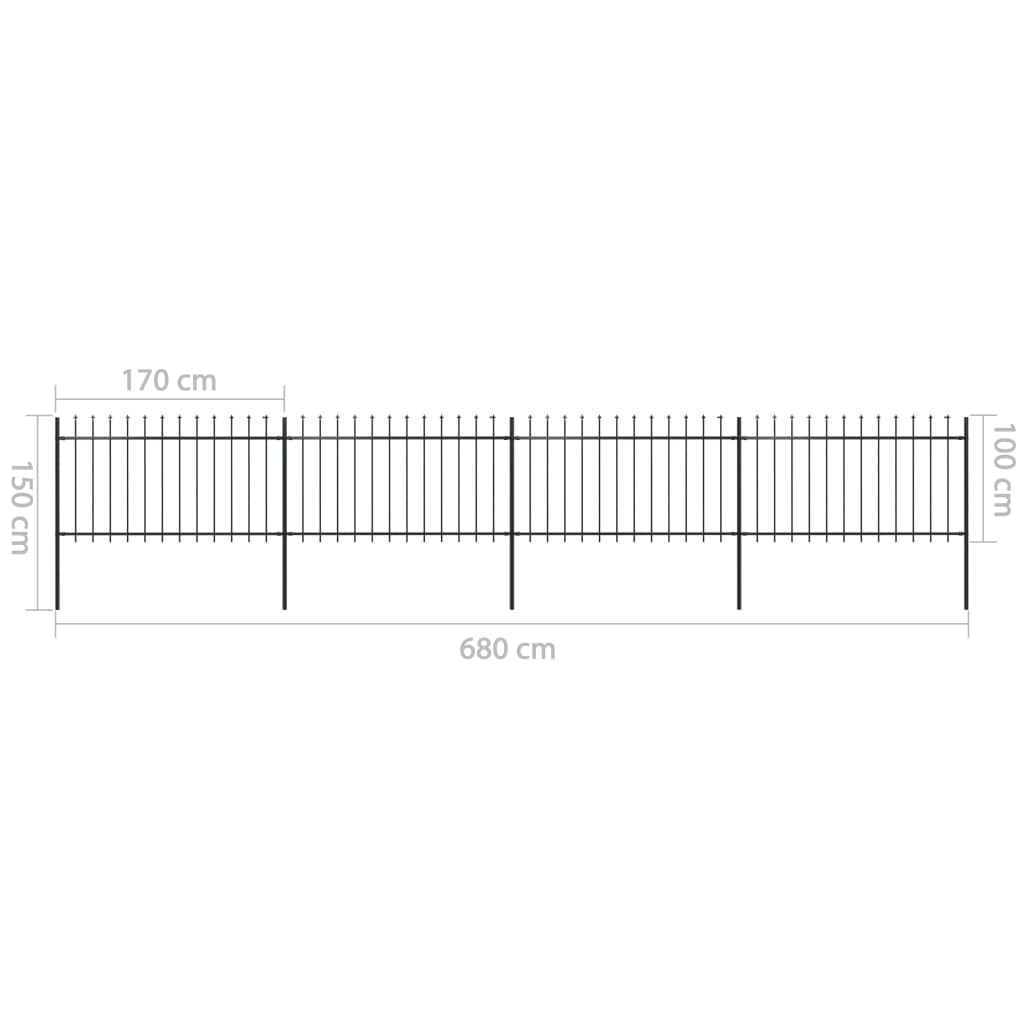 vidaXL Garden Fence with Spear Top Steel 6.8x1 m Black