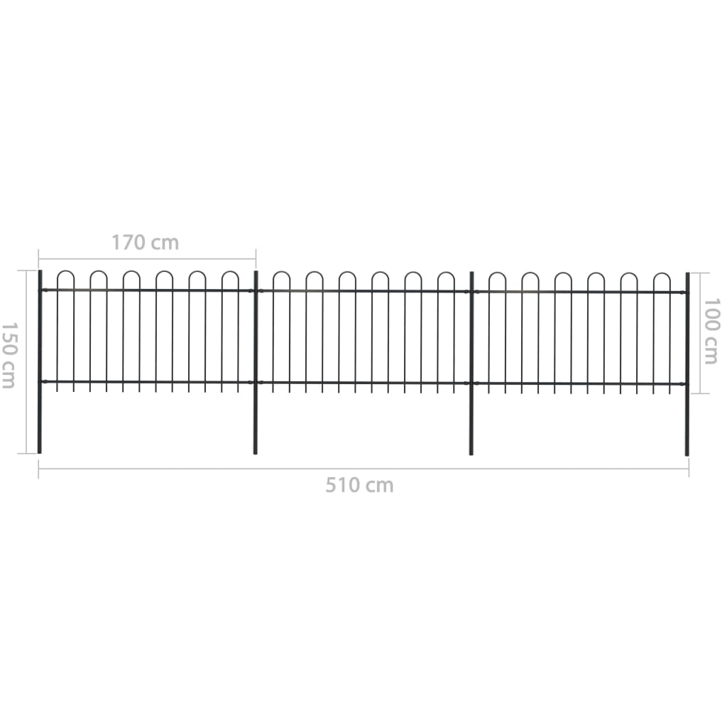 vidaXL Garden Fence with Hoop Top Steel 5.1x1 m Black