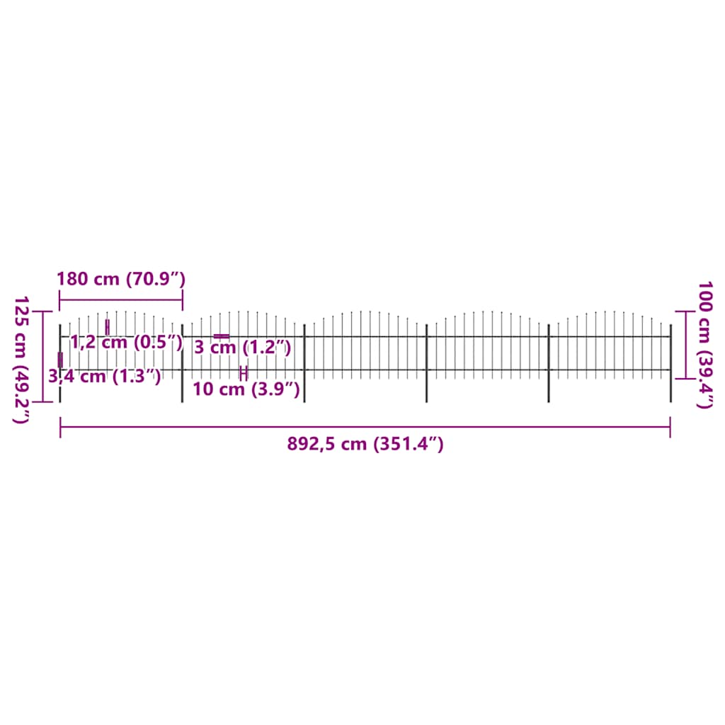 Garden Fence with Spear Top Steel 892.5x125 cm Black
