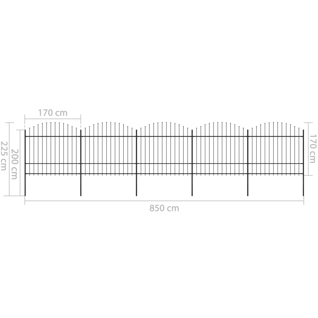 vidaXL Garden Fence with Spear Top Steel (1.5-1.75)x8.5 m Black