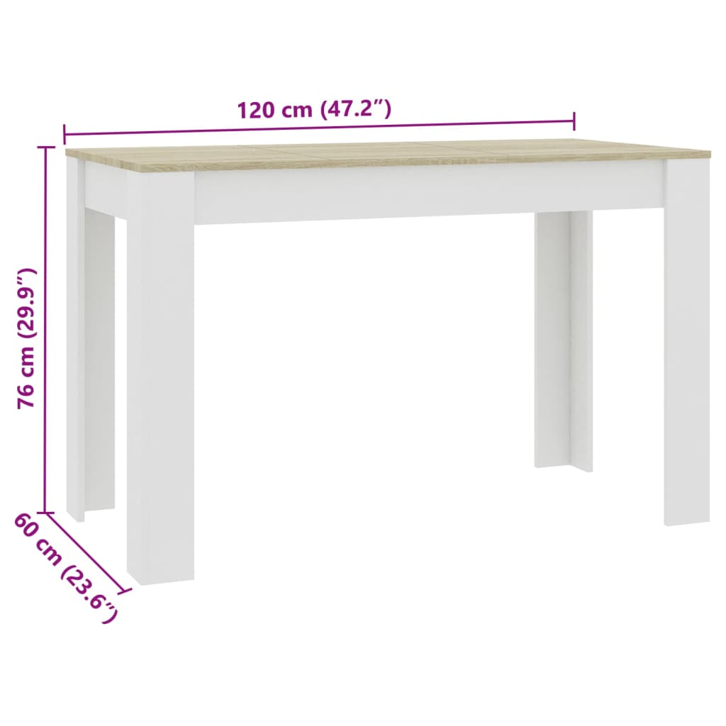 vidaXL Dining Table White and Sonoma Oak 120x60x76 cm Engineered Wood