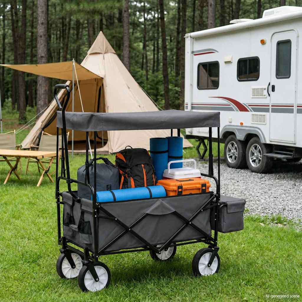 145512 vidaXL Folding Hand Trolley with Canopy Steel Grey