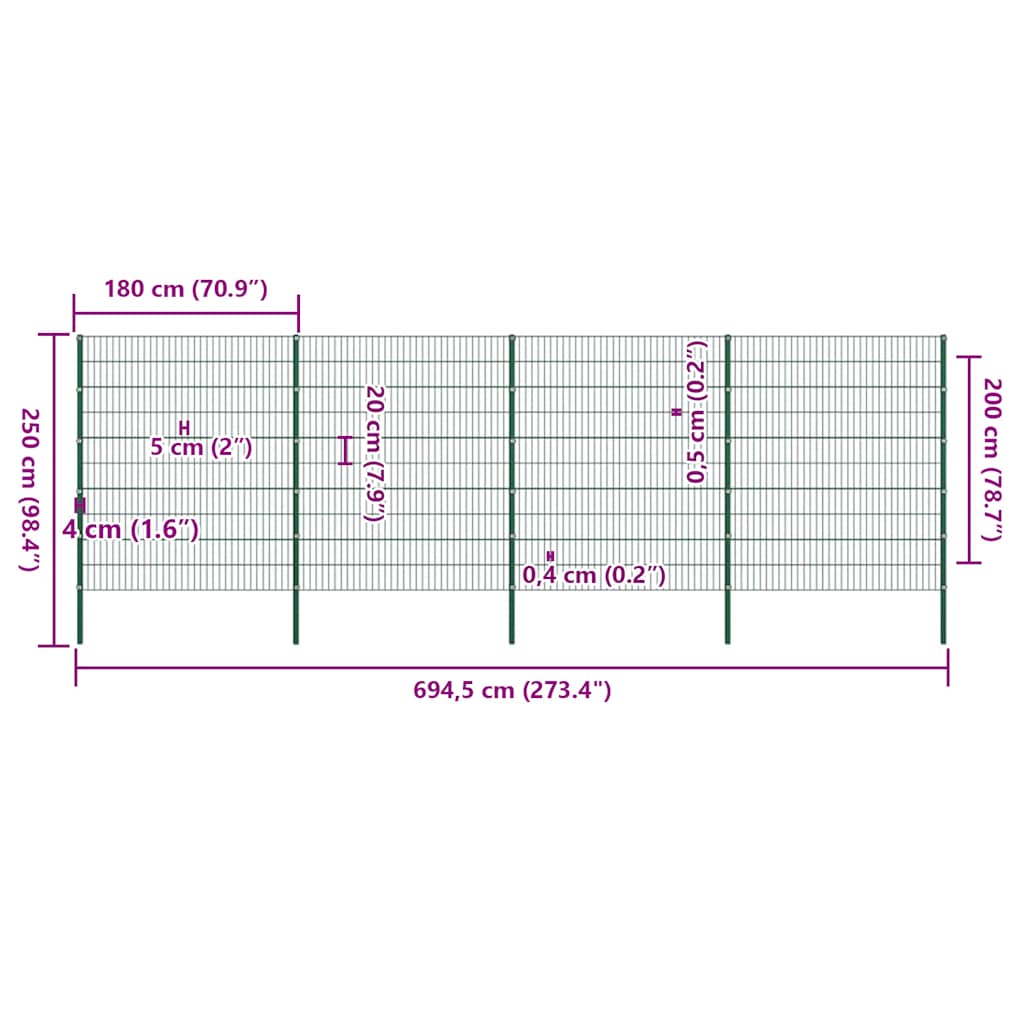 Fence Panel with Posts Iron 694.5x200 cm Green