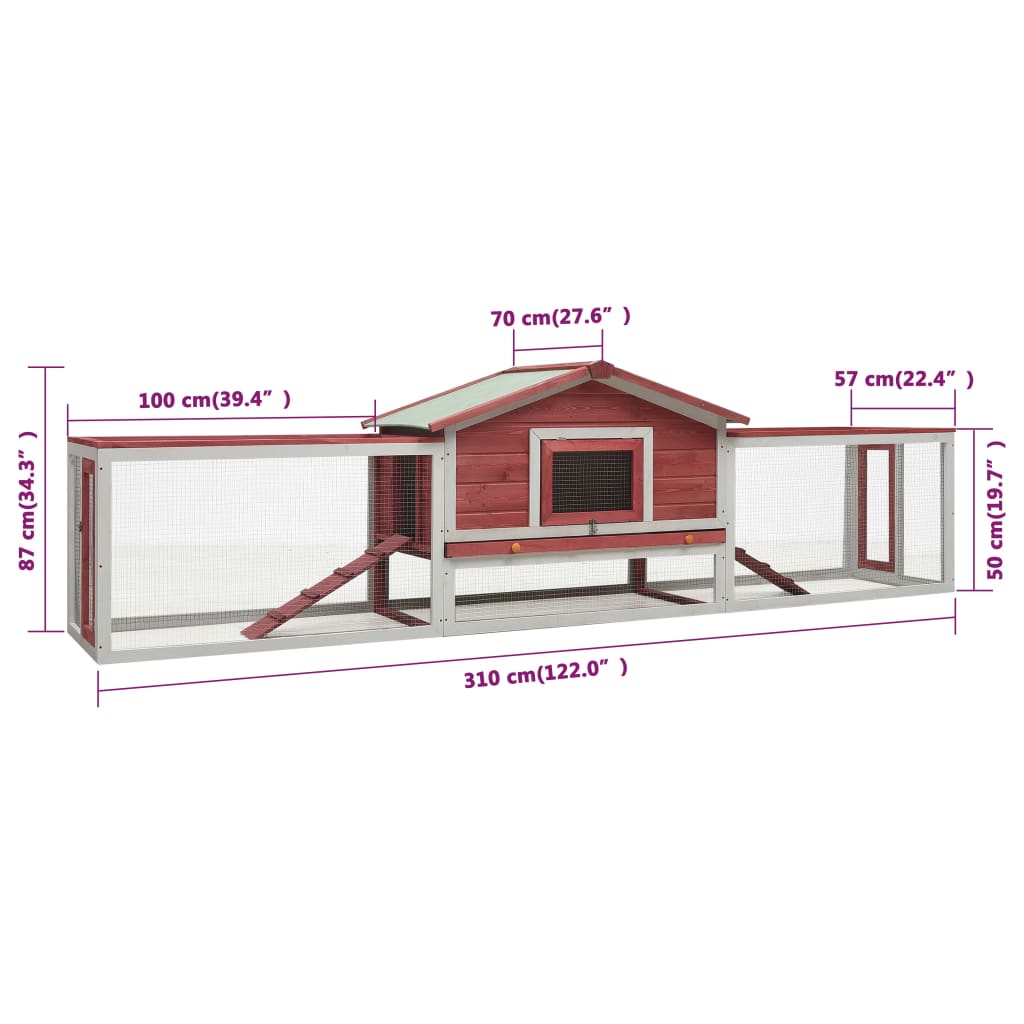 vidaXL Rabbit Hutch Red 310x70x87 cm Solid Pine & Fir Wood