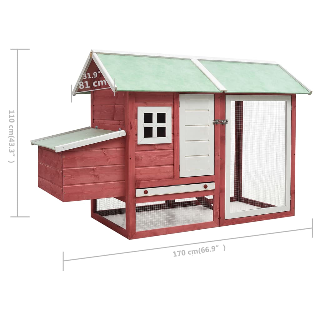 vidaXL Chicken Cage Red 170x81x110 cm Solid Pine & Fir Wood