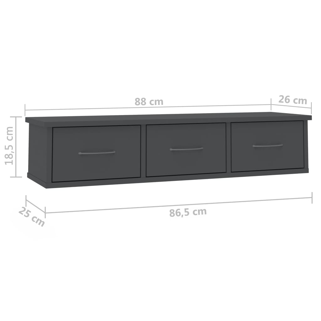 vidaXL Wall-mounted Drawer Shelf Grey 88x26x18.5 cm Engineered Wood