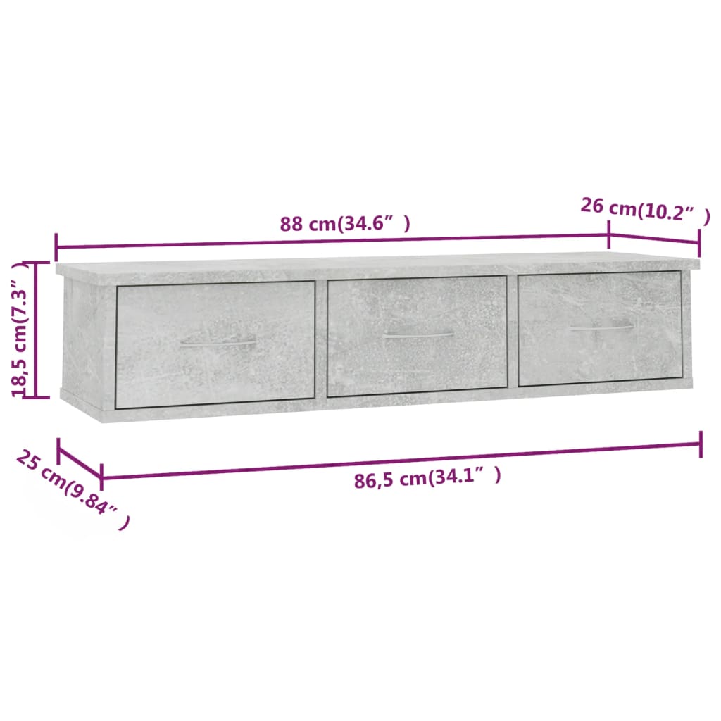 800598 vidaXL Wall-mounted Drawer Shelf Concrete Grey 88x26x18,5 cm Engineered Wood