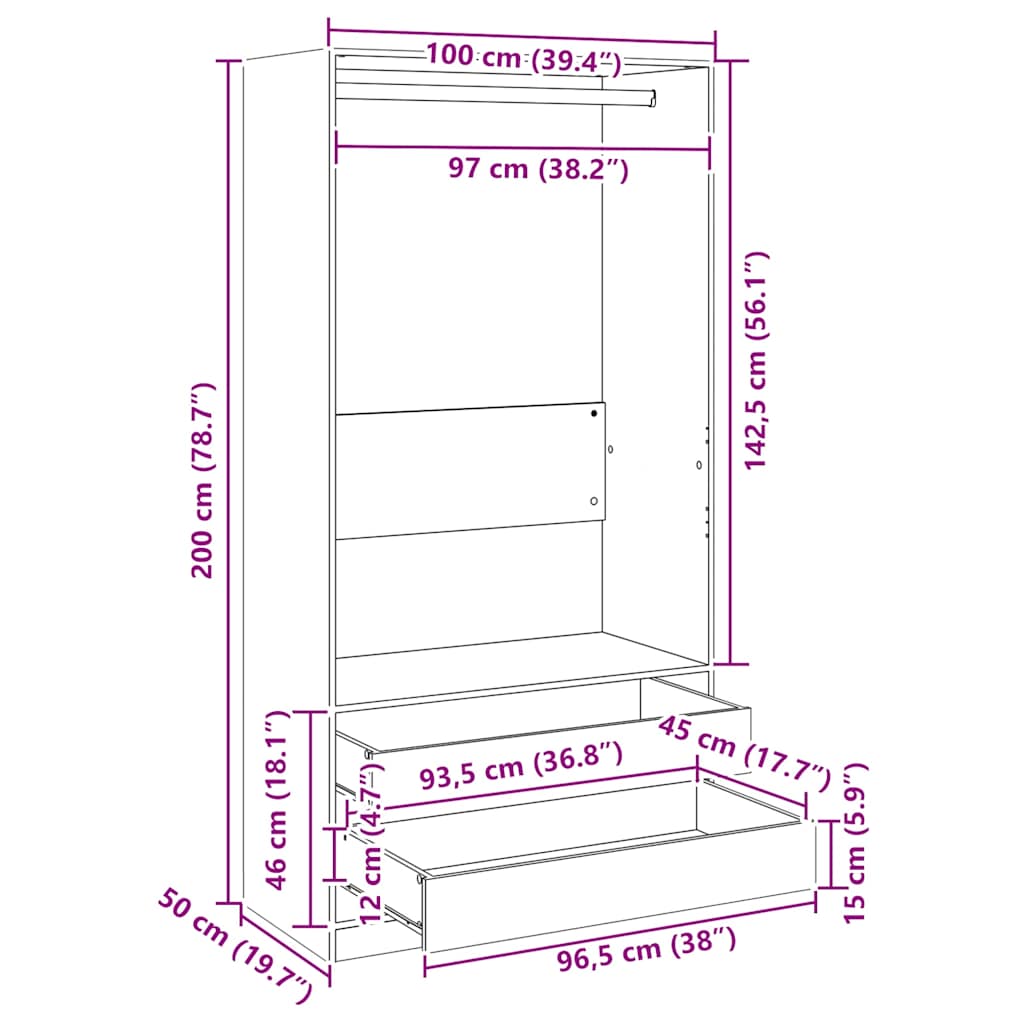 800603 vidaXL Wardrobe White 100x50x200 cm Engineered Wood