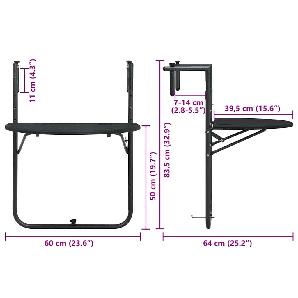 47894 vidaXL Hanging Balcony Table Black 60x64x83,5 cm Plastic Rattan Look