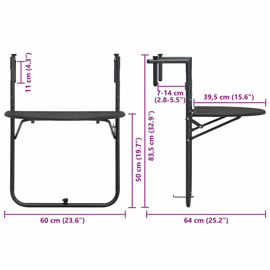47895 vidaXL Hanging Balcony Table Brown 60x64x83,5 cm Plastic Rattan Look