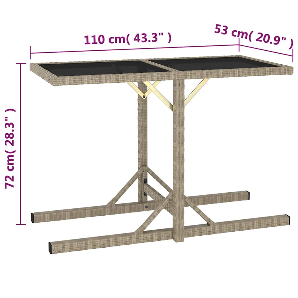 46454 vidaXL Garden Table Beige 110x53x72 cm Glass and Poly Rattan