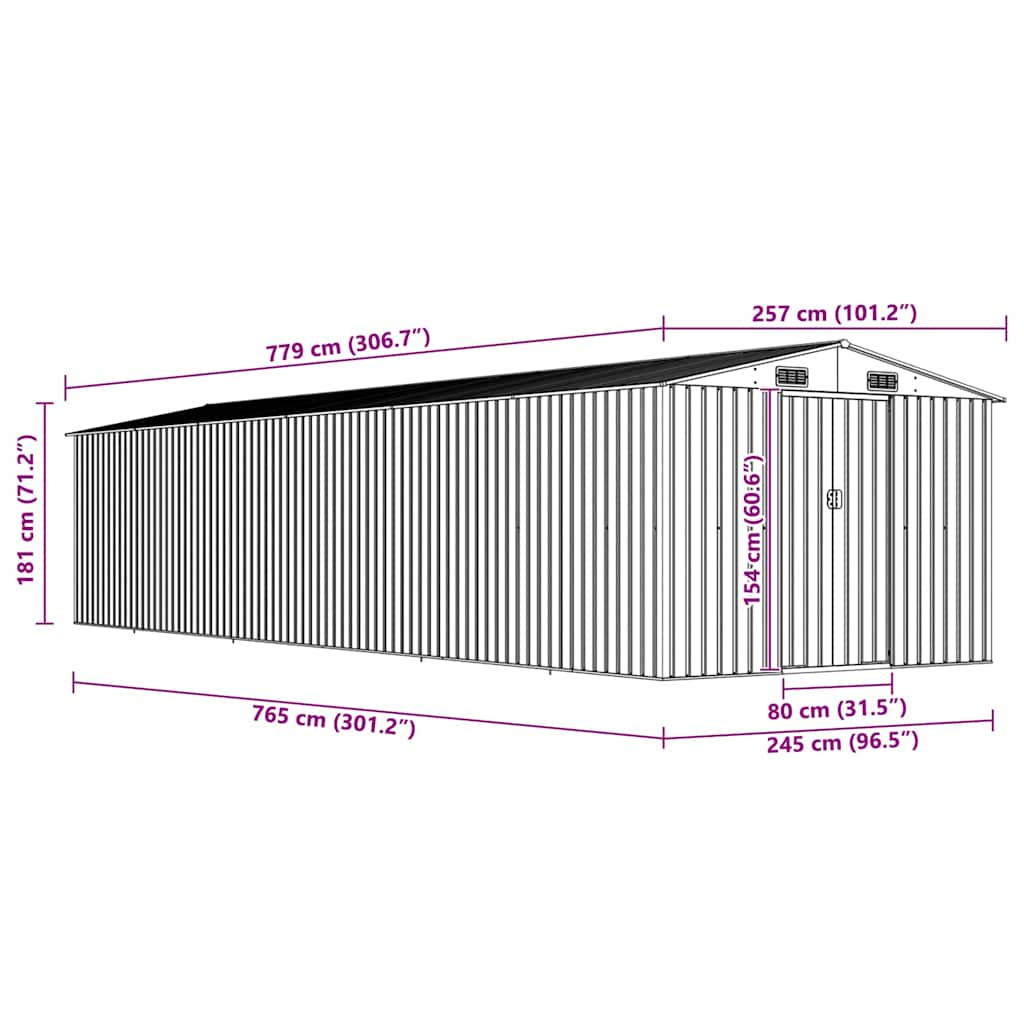 Garden Shed Grey 257x779x181 cm Galvanised steel