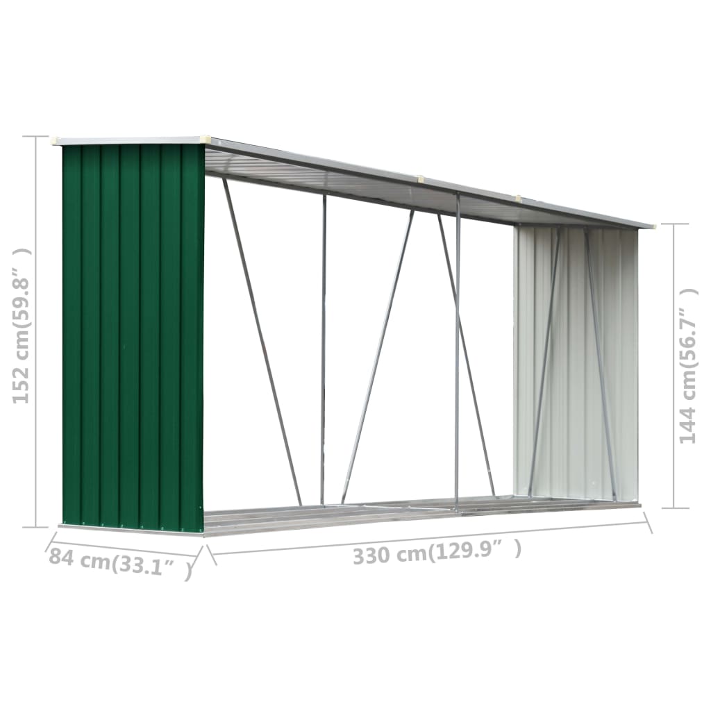 vidaXL Garden Log Storage Shed Galvanised Steel 330x84x152 cm Green