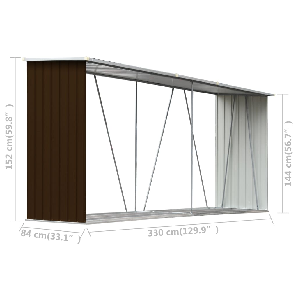 vidaXL Garden Log Storage Shed Galvanised Steel 330x84x152 cm Brown