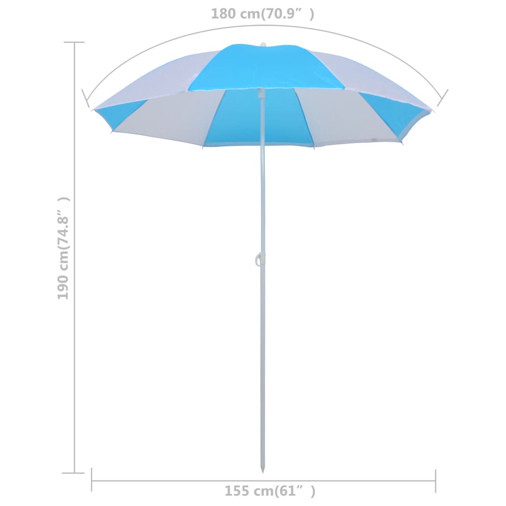 Abri Parasol de Plage Tissu Bleu et Blanc 180 cm