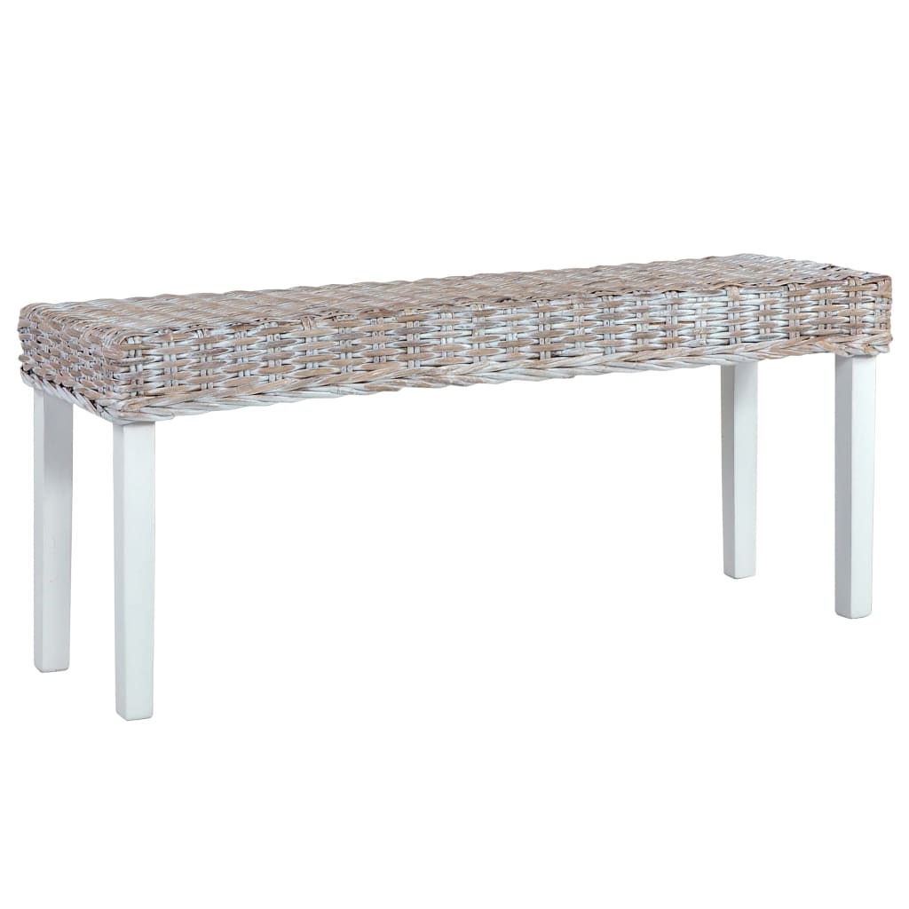 Bench 110 cm White Natural Kubu Rattan and Solid Mahogany Wood