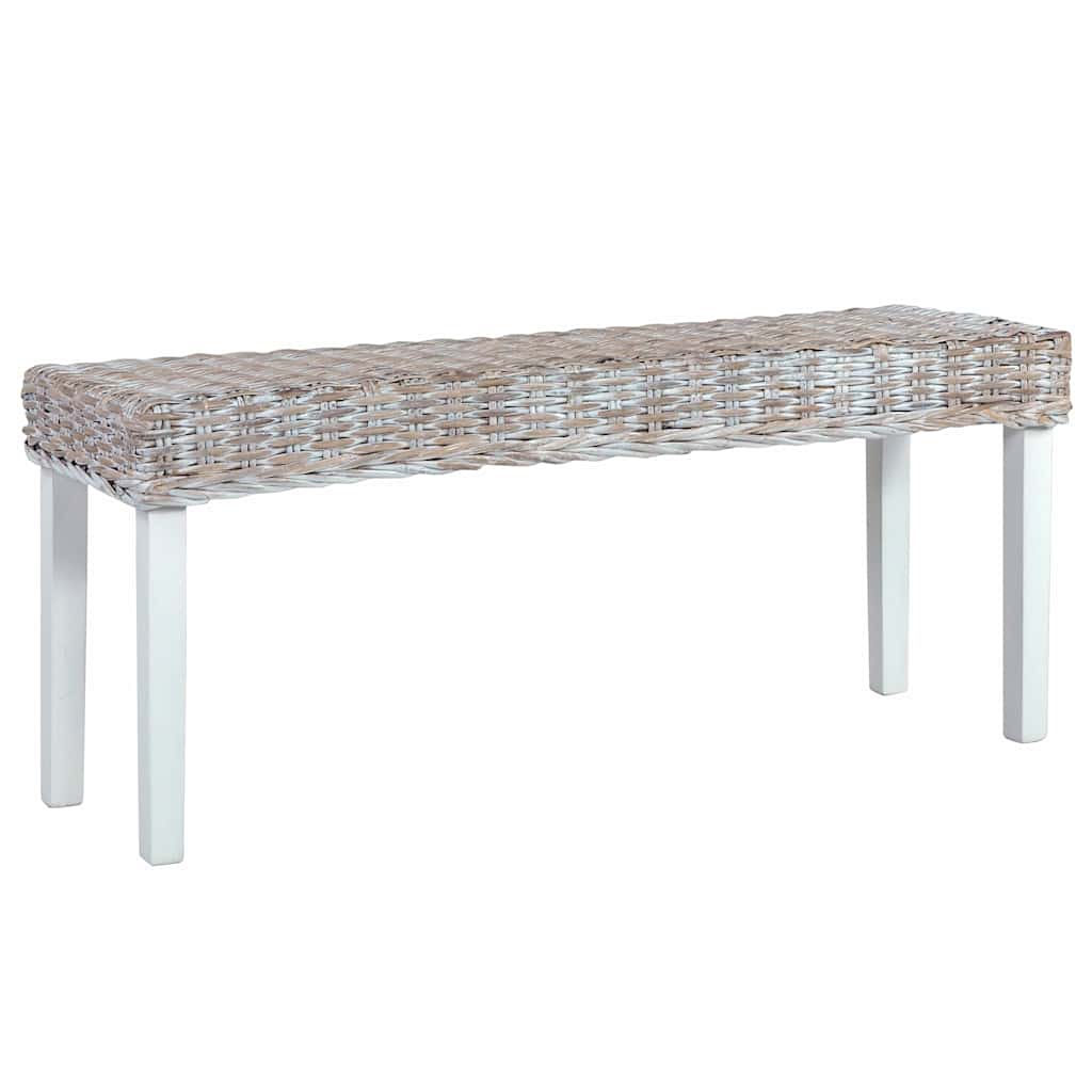 285788 vidaXL Bench 110 cm White Natural Kubu Rattan and Solid Mahogany Wood