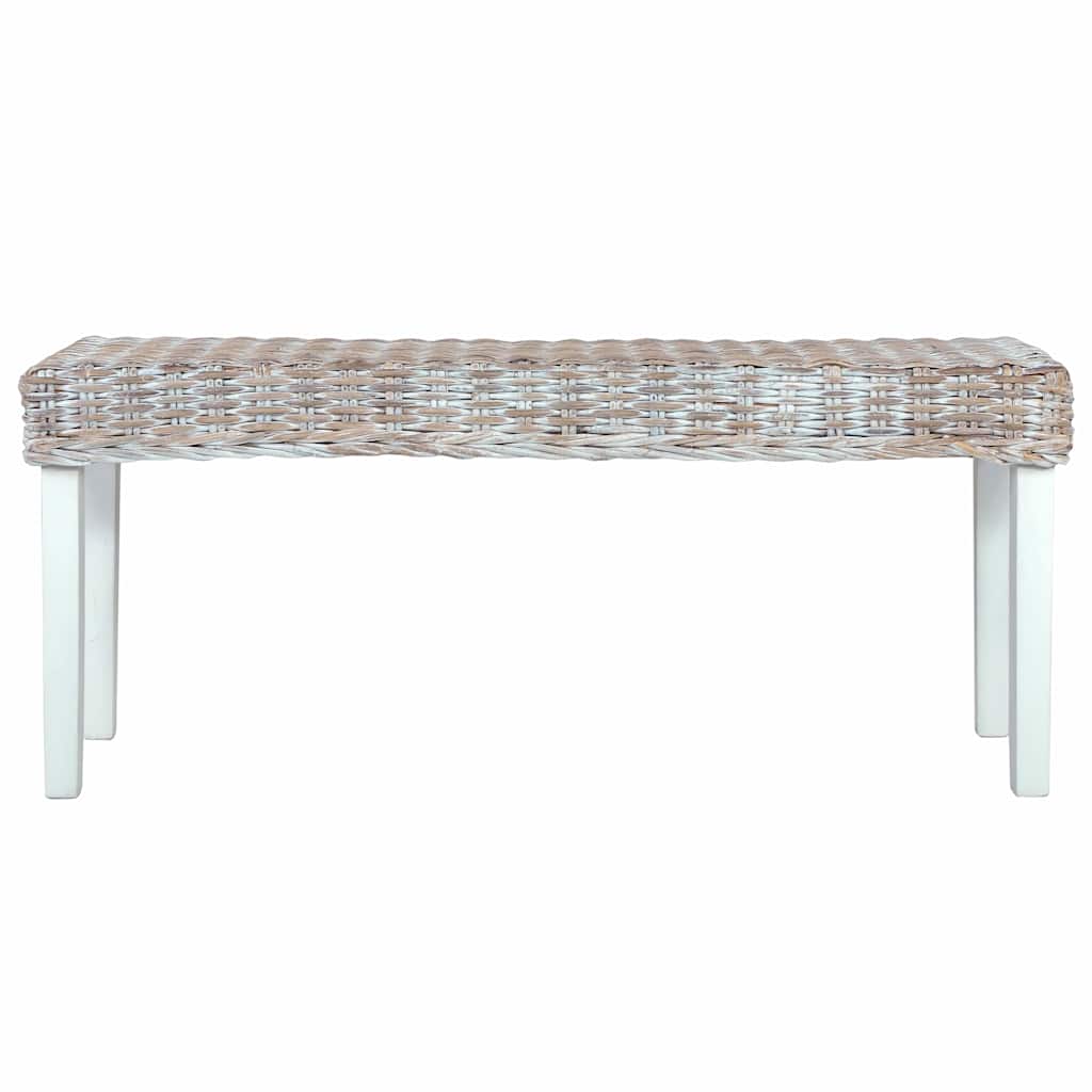 285788 vidaXL Bench 110 cm White Natural Kubu Rattan and Solid Mahogany Wood