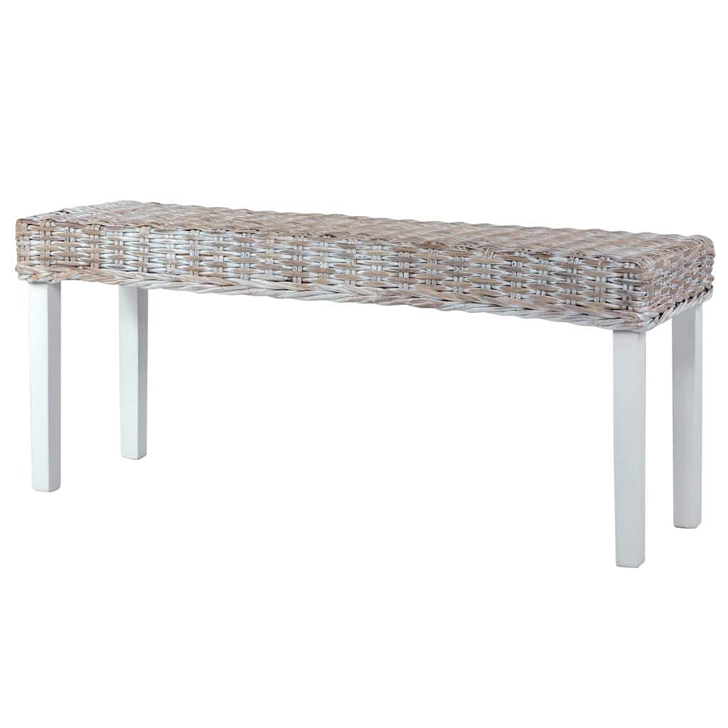 285788 vidaXL Bench 110 cm White Natural Kubu Rattan and Solid Mahogany Wood
