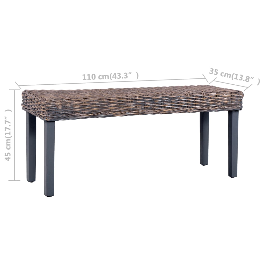 Bench 110 cm Grey Natural Kubu Rattan and Solid Mahogany Wood