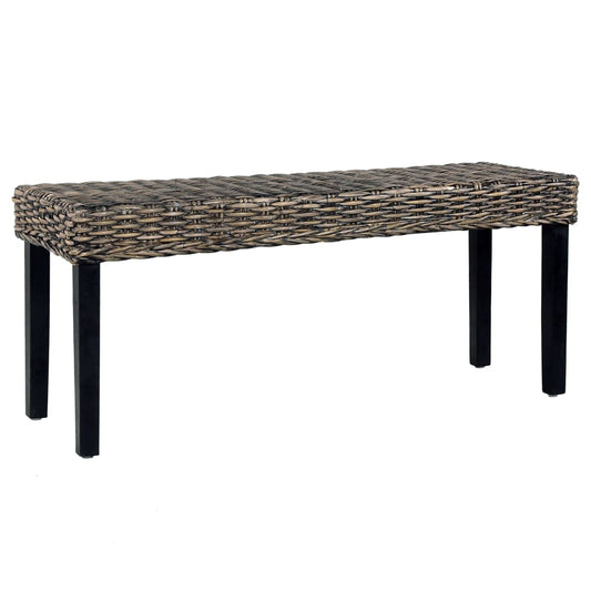 Bench 110 cm Black Natural Kubu Rattan and Solid Mahogany Wood
