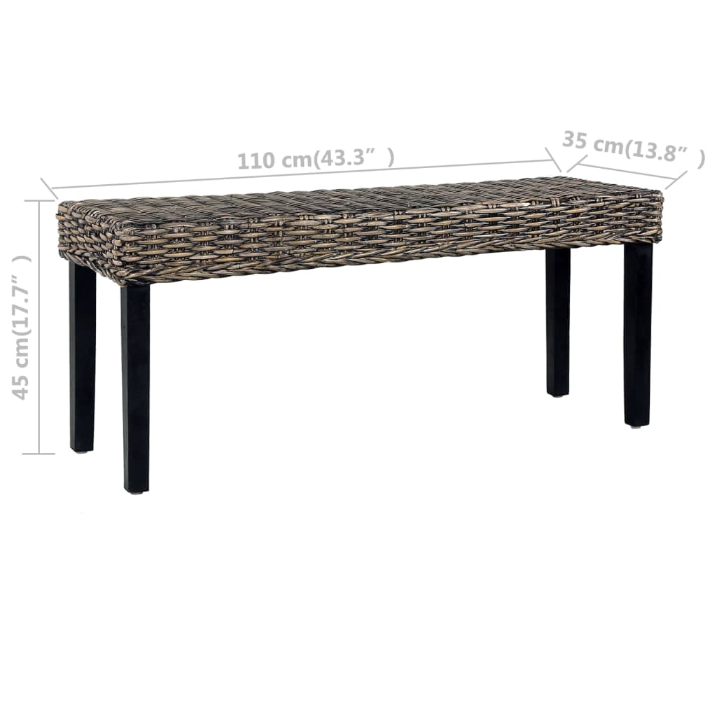 Bench 110 cm Black Natural Kubu Rattan and Solid Mahogany Wood