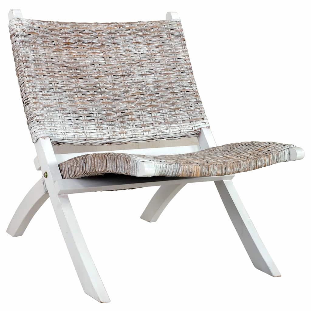 285800 vidaXL Relaxing Chair White Natural Kubu Rattan and Solid Mahogany Wood